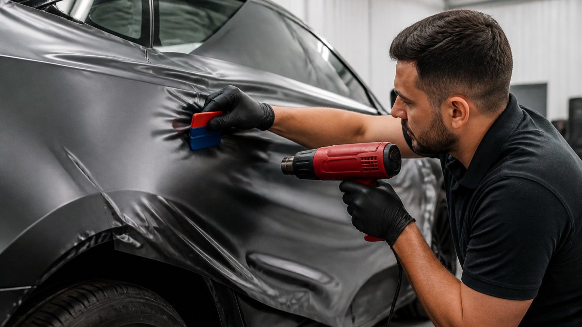 Professional technician carefully applying vinyl wrap to vehicle panel in climate-controlled facility, showing precision installation work with squeegee and heat tools