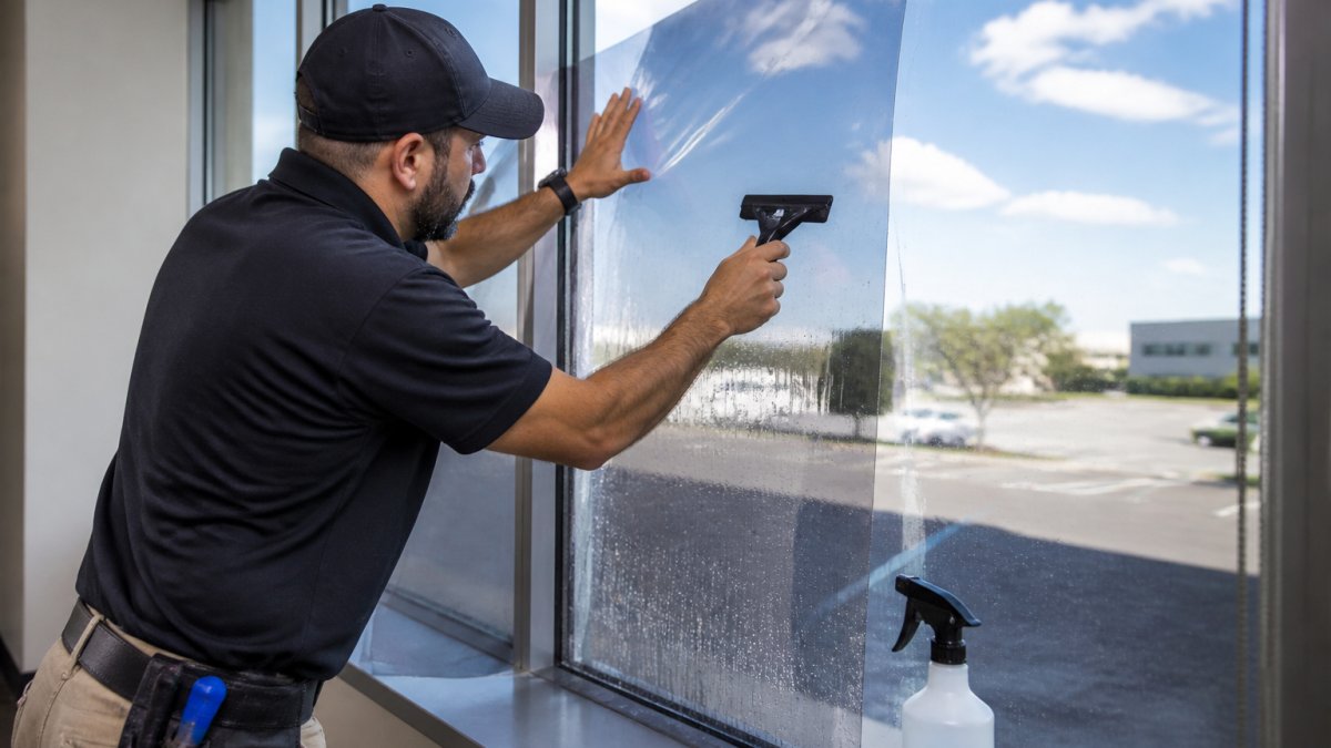Professional installer smoothing reflective window film onto a commercial glass pane with a squeegee