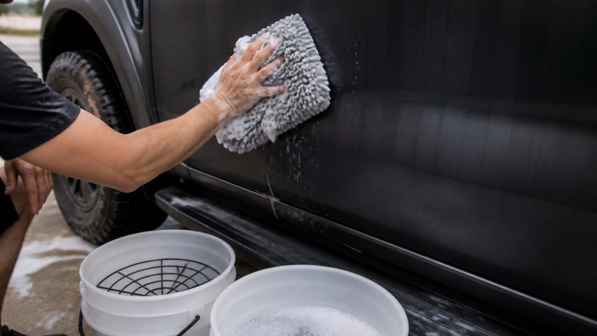Hands washing a matte black truck with a microfiber mitt to maintain vehicle wraps safely
