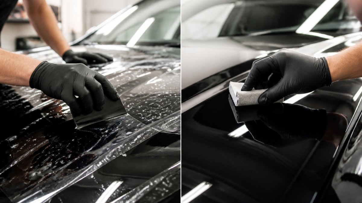 Close-up of a detailer's gloved hand applying a clear paint protection film to a car hood with a squeegee in a bright shop